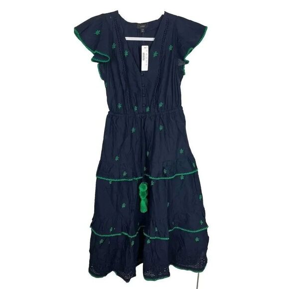 NWT J.Crew Embroidered Midi Blue Cotton Voile Tiered Dress‎ 00P AK251 - Picture 1 of 10